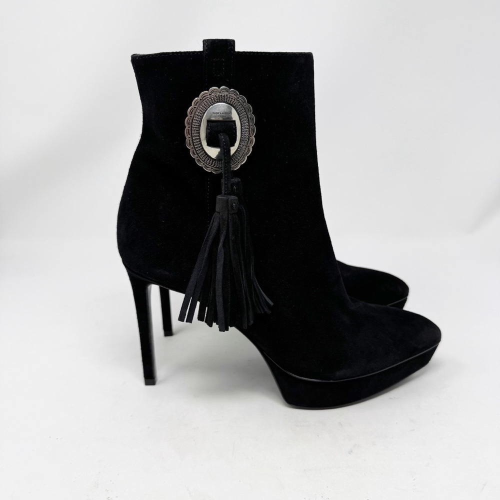 Saint Laurent Janis Concho Ankle Boots Size 37 Black Suede Platform Tassel - Picture 3 of 12
